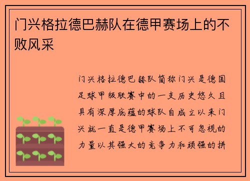 门兴格拉德巴赫队在德甲赛场上的不败风采